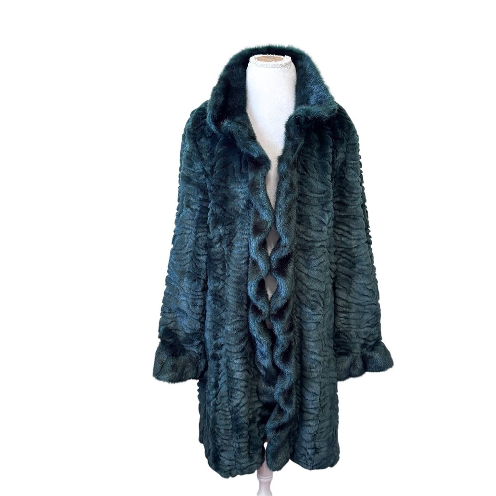 Donna Salyers Fabulous Furs Coat 2X Emerald Green Faux Fur Ruffle Luxury